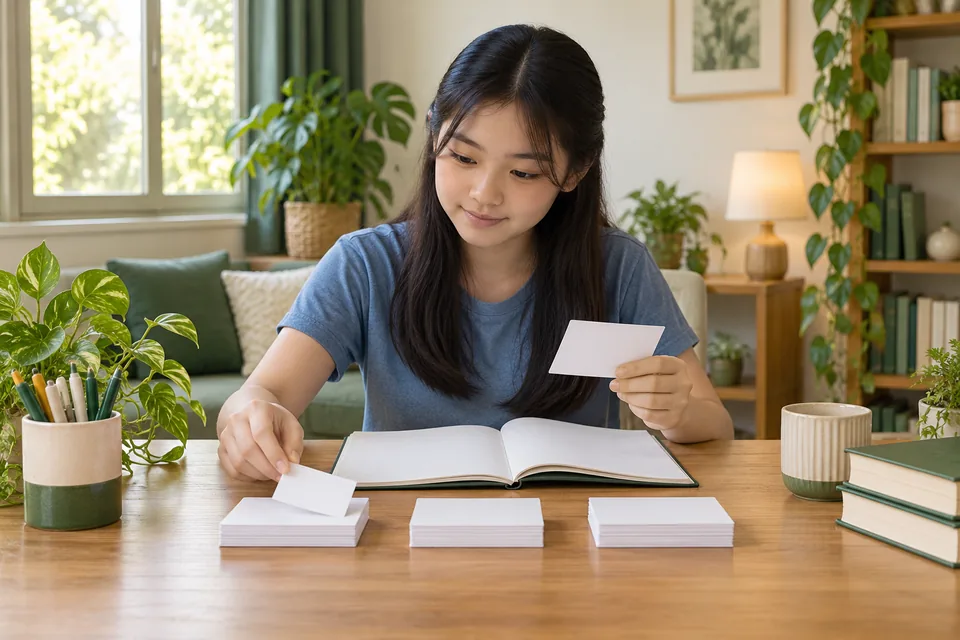 Student using revision cards and an exercise book.