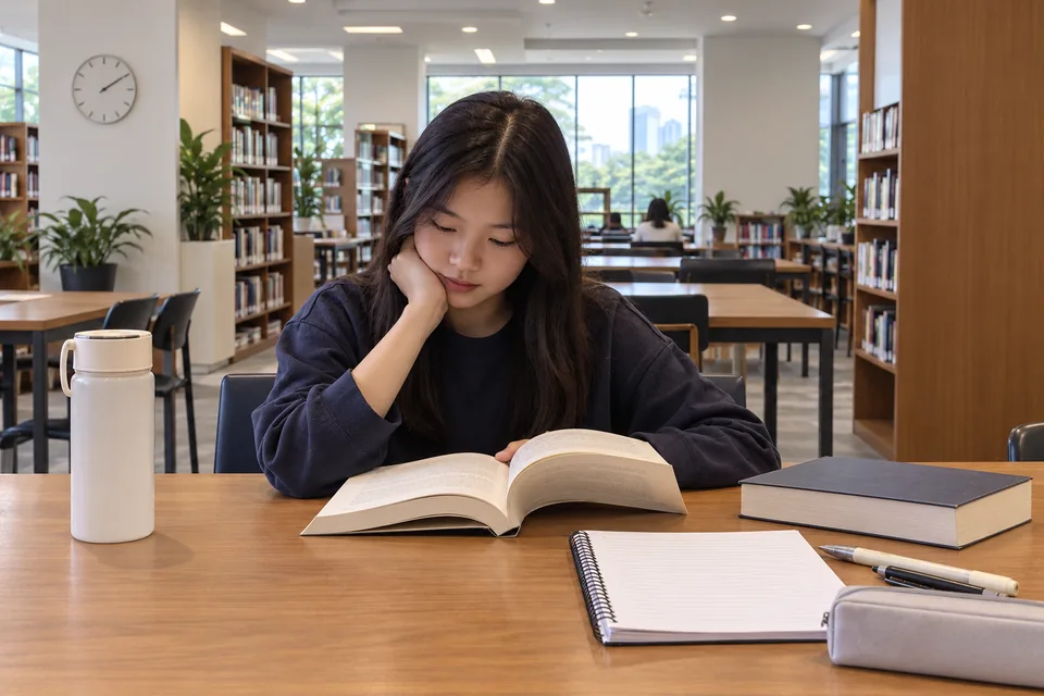 Student reading a literature book with paper notes.