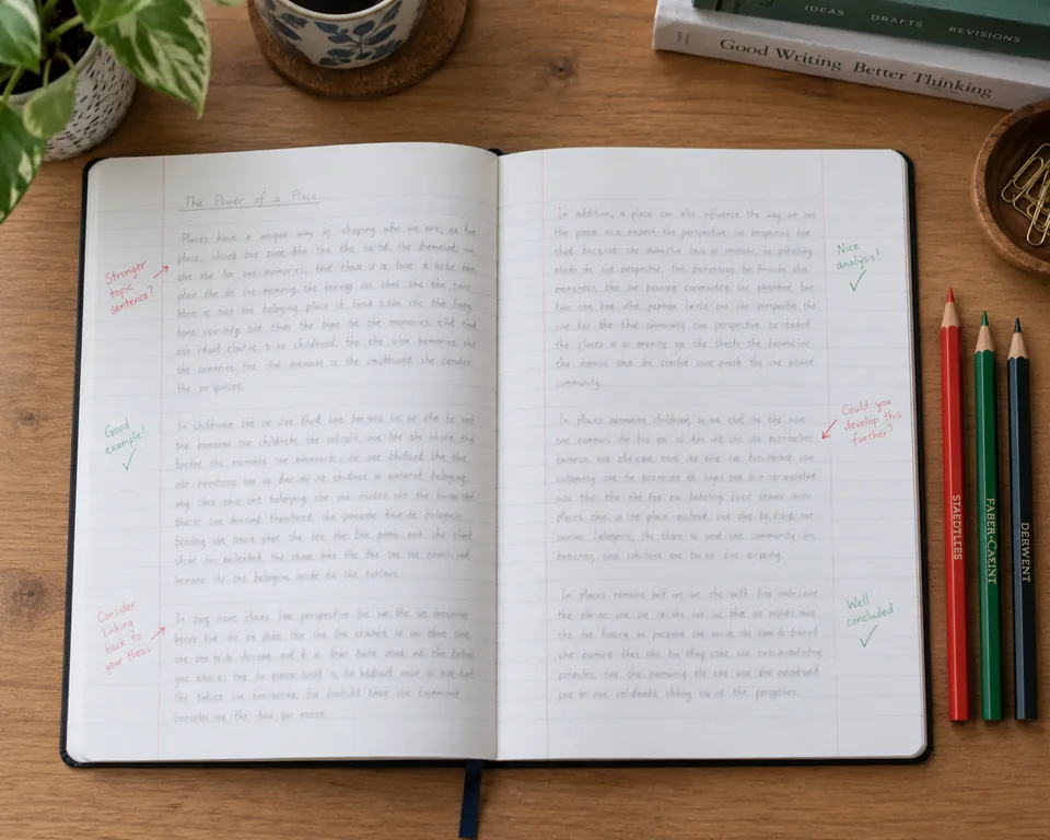 English essay with handwritten feedback.