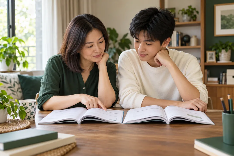 Parent and student comparing English workbooks.
