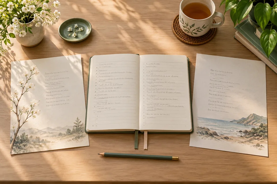 Two poetry pages and comparison notes arranged on a desk.