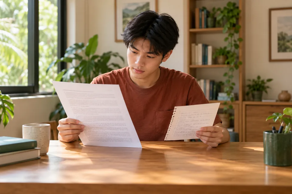 Student comparing a printed passage with a shorter handwritten note.