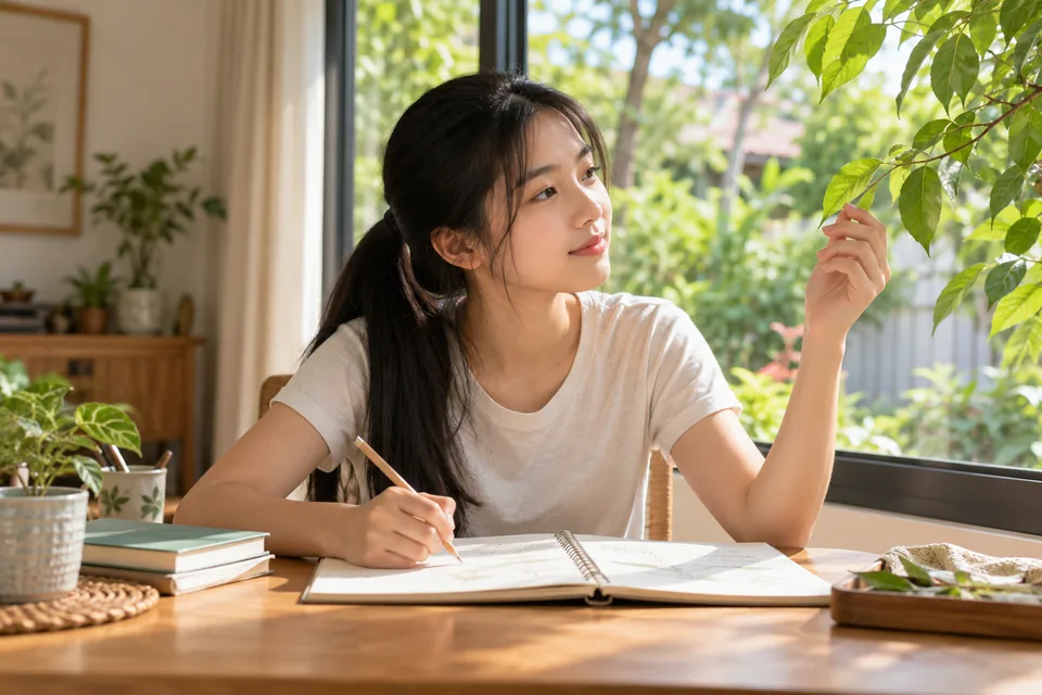 Student making descriptive notes beside a garden window.