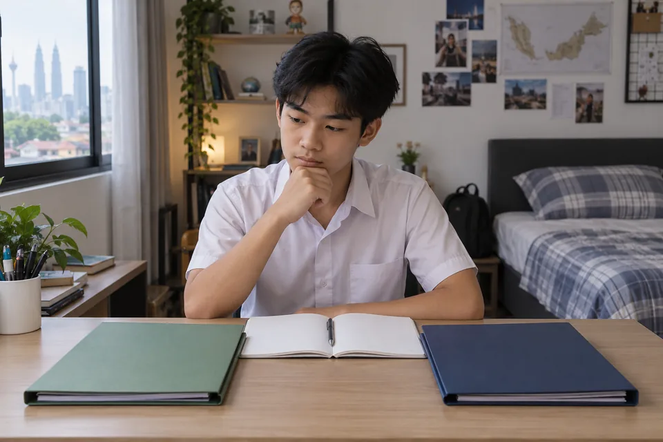 Student comparing English course notes.