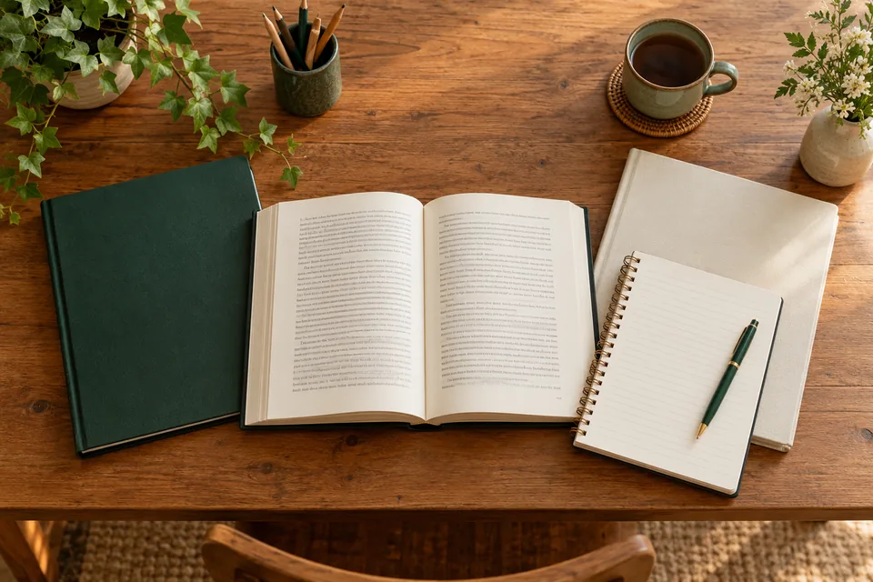 Plain course folders, open book and notebook on a study desk.