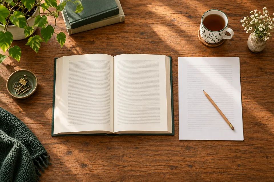 Open reference book, paper draft and pencil on a desk.