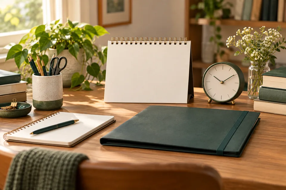 Blank desk calendar, folder and clock arranged for English exam planning.