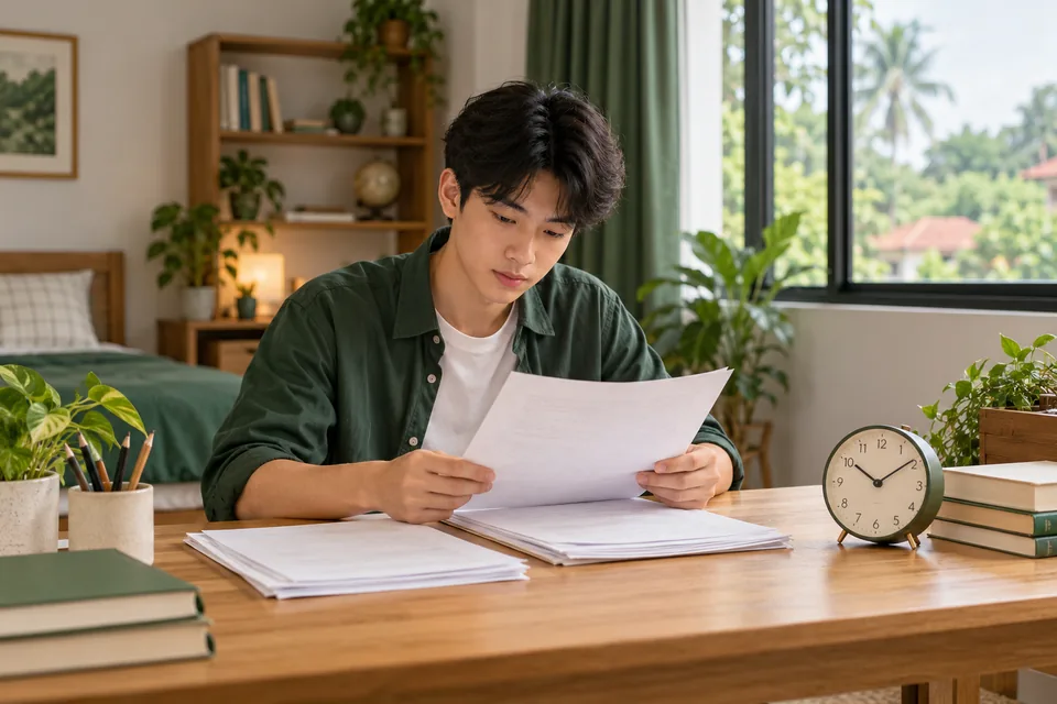 Student reviewing English practice papers beside an analog clock.