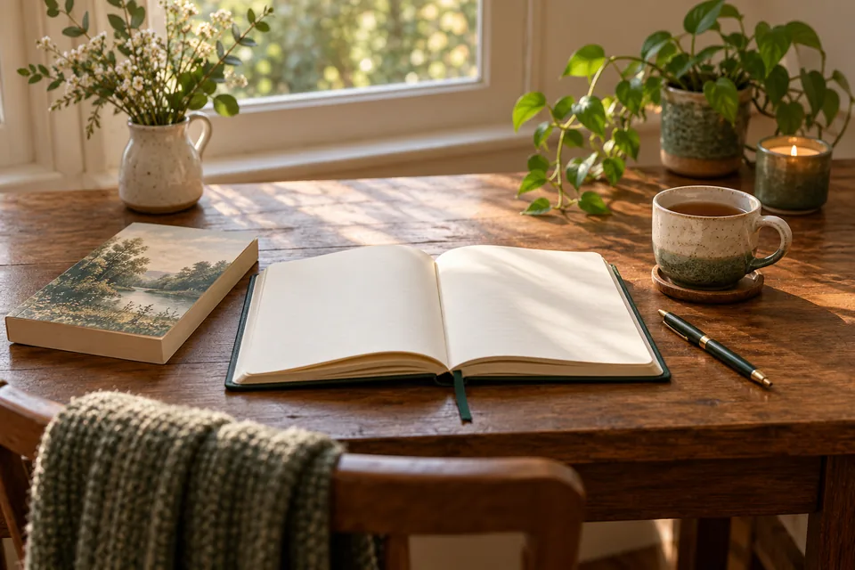 Open journal, book and cup by a window.