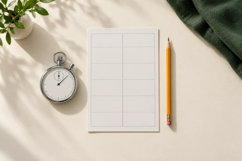 Mechanical stopwatch beside a divided blank worksheet and pencil.