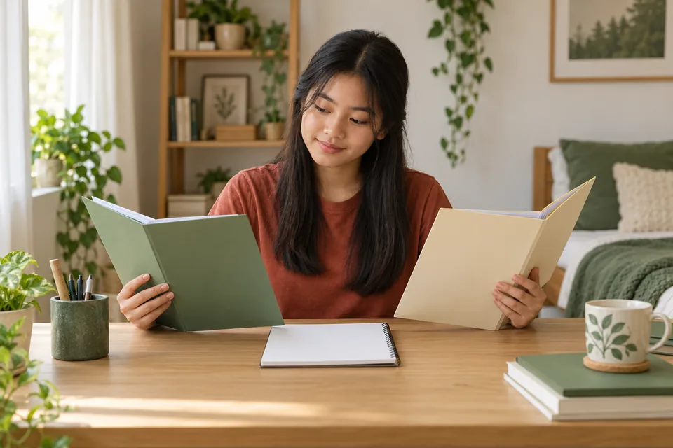 Student comparing two sets of English course materials.