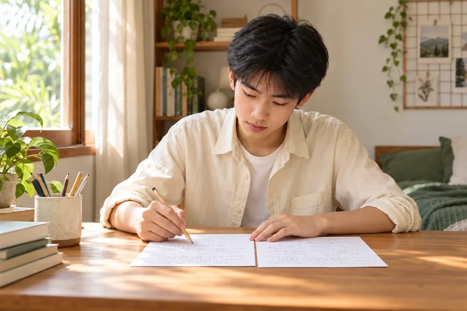 Student reviewing handwritten paper exercises with a pencil.