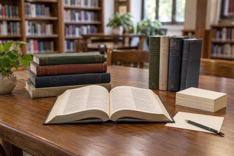 English reference books and note cards on a desk.