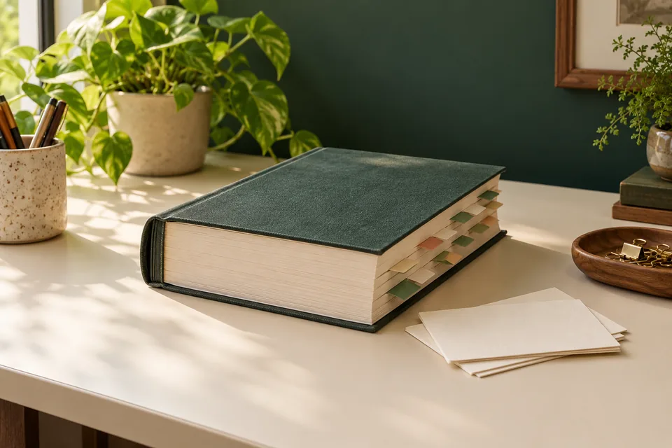 Indexed reference book with page tabs and blank note cards.