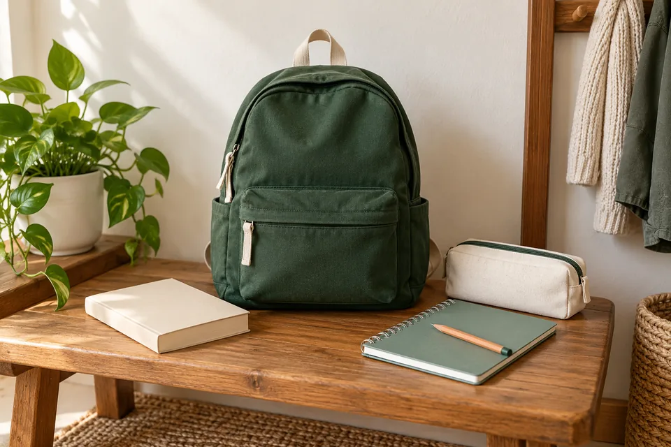 Schoolbag with books, notebook and pencil case.