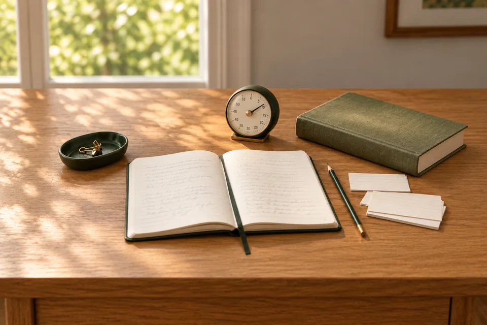 Notebook, revision cards, pencil and timer arranged for English practice.