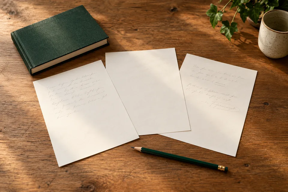 Three paper sheets, book and pencil arranged on a desk.