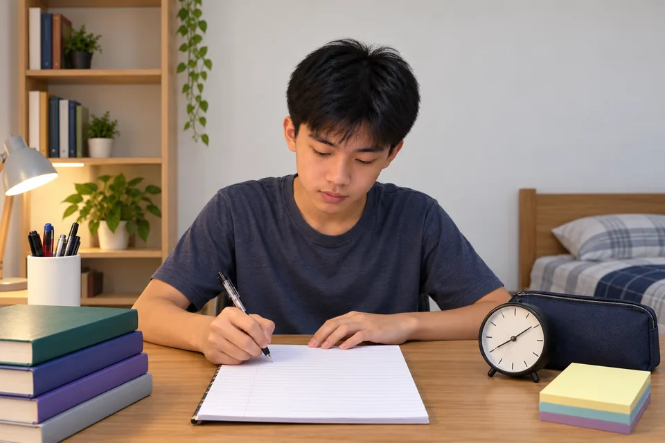 Student working through an English exam paper.