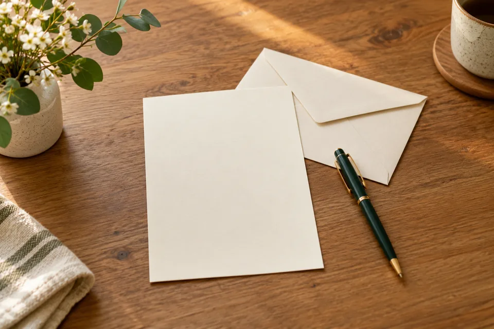Blank letter paper, envelope and pen on a desk.