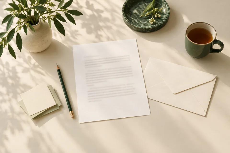 Printed letter page with an envelope, pencil and notes.