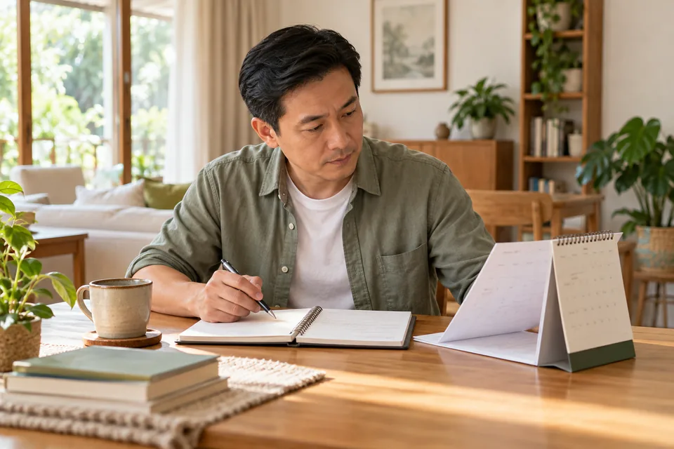 Parent reviewing lesson plans and a household notebook.