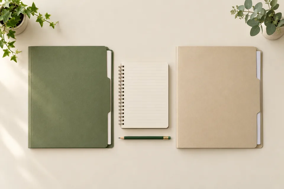 Two English course folders beside a comparison notebook.
