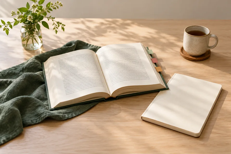 Open reading book with page tabs beside an exercise book.