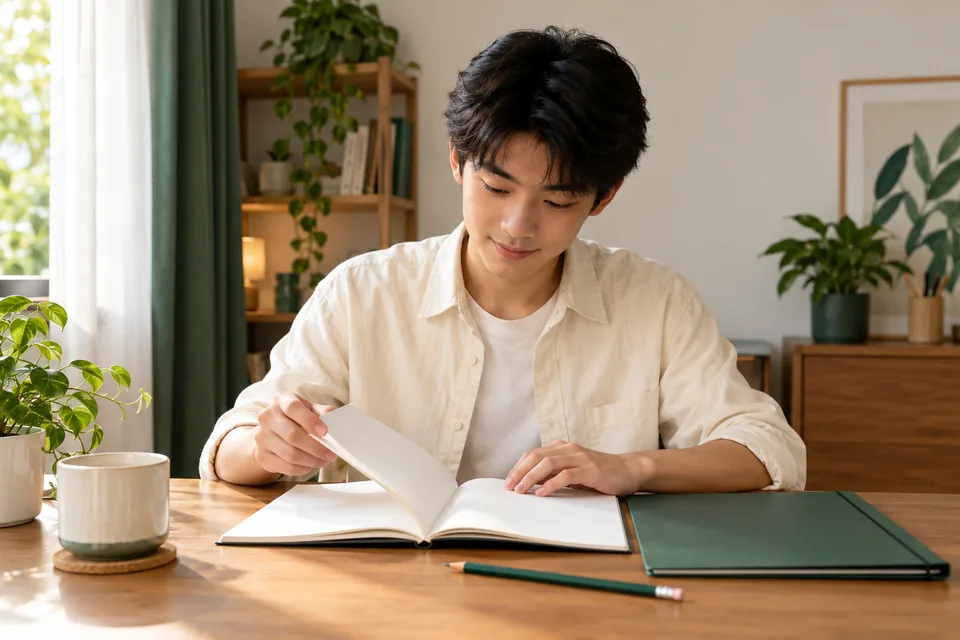 Student opening a workbook before an English lesson.