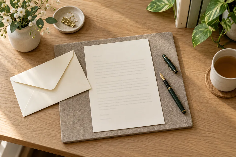 A letter draft beside an envelope and pen.