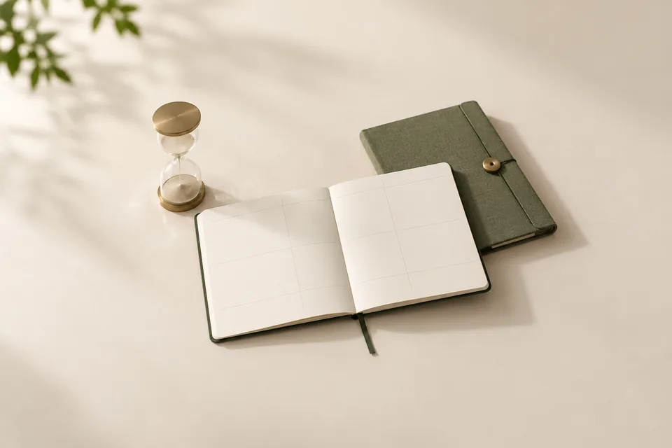 Hourglass beside an open weekly planner and linen folder.