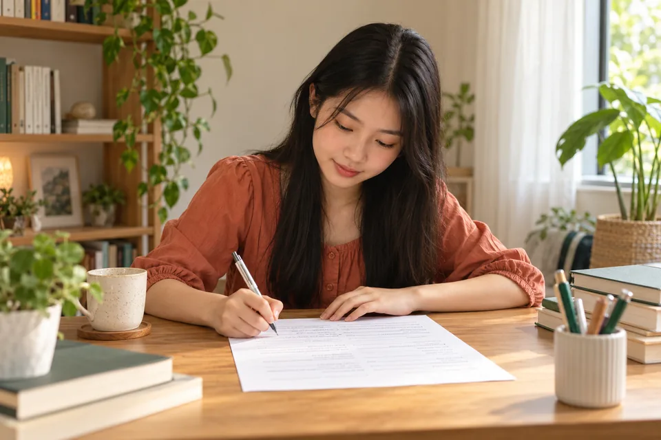 Student writing on a paper English exercise at a desk.