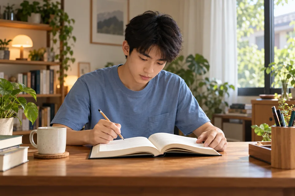 Student reading an open book with pencil in hand.