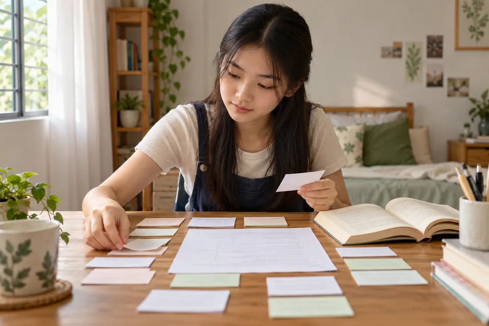 Student arranging evidence cards for a literature essay.
