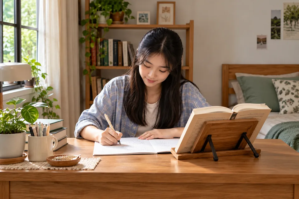 Student writing an essay beside an open novel.
