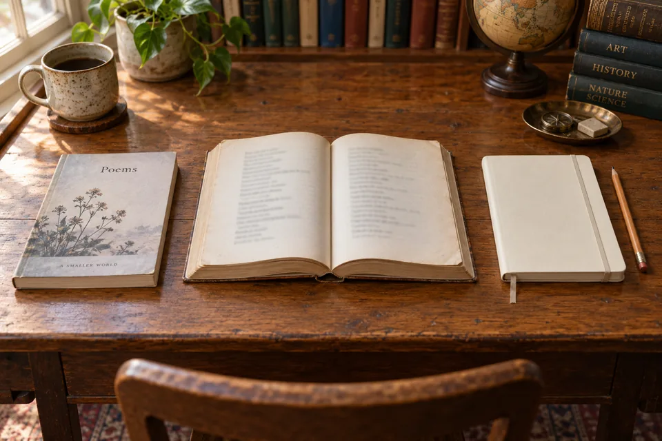 Open English literature books with a notebook and pencil on a desk.