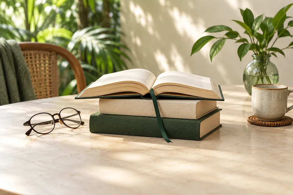 Stacked novels with an open book, ribbon bookmark and glasses.