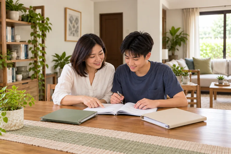 Parent and student looking through English study materials.