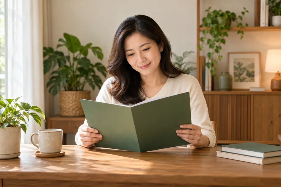 Parent reading a plain study folder at a desk.