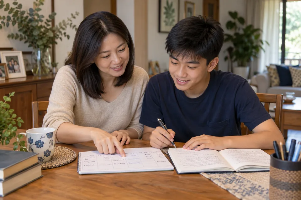 Parent and student reviewing an English study plan.
