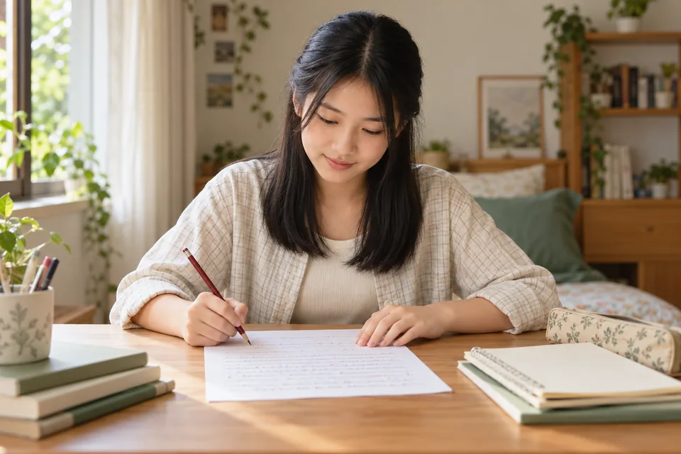 Student checking a handwritten draft with a coloured pencil.