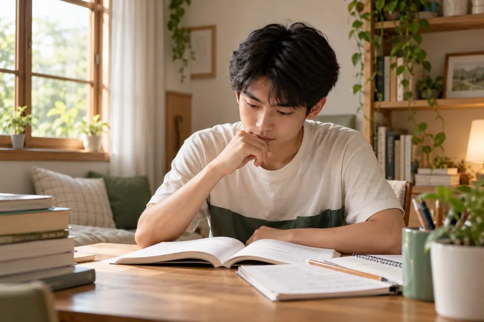 Student considering details in an open book.