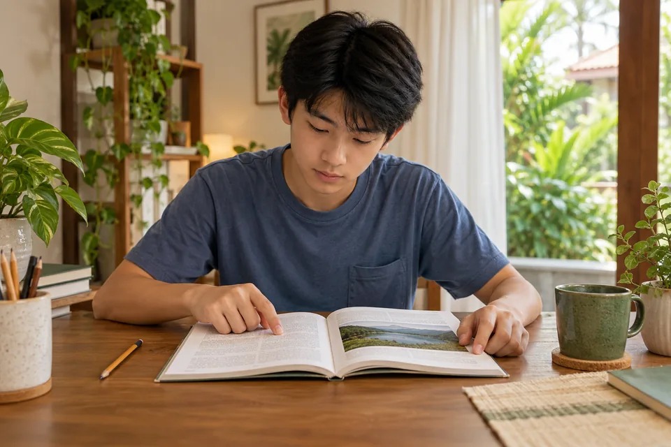 Student following a printed reading passage in an open book.