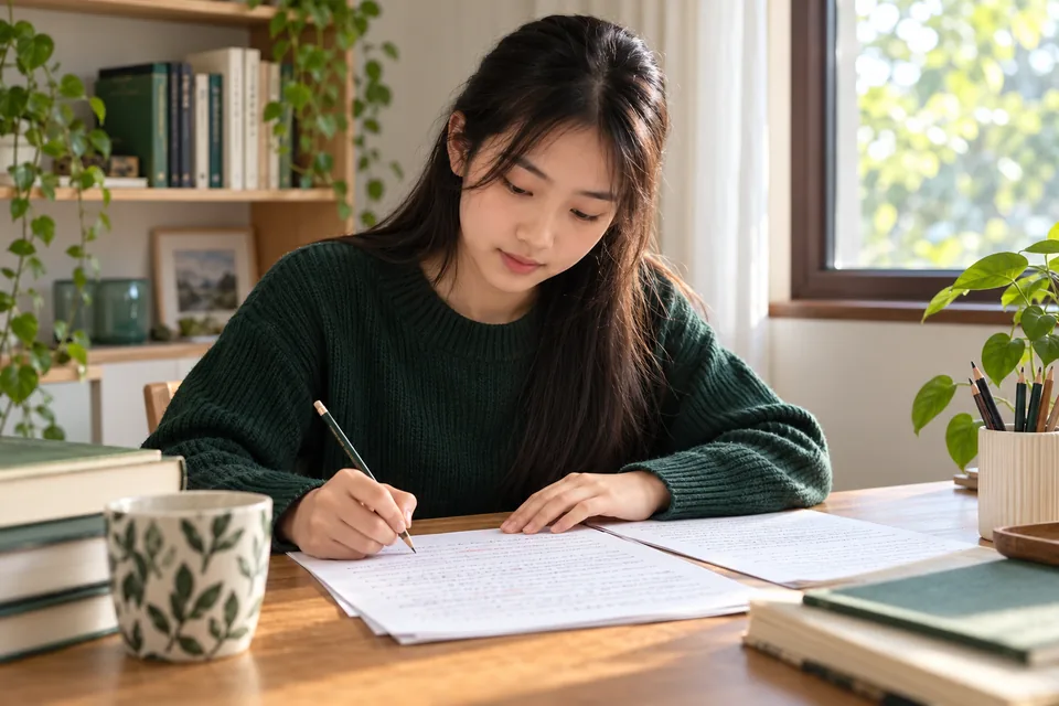Student revising an English essay at a desk.