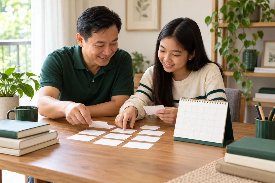 Parent and student planning study time on a paper calendar.