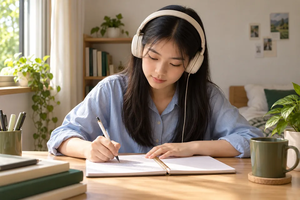 Student wearing headphones and writing English study notes.