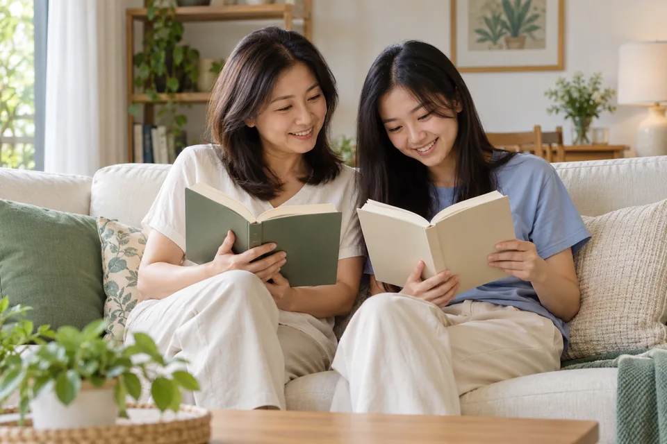 Parent and teenager reading together at home.