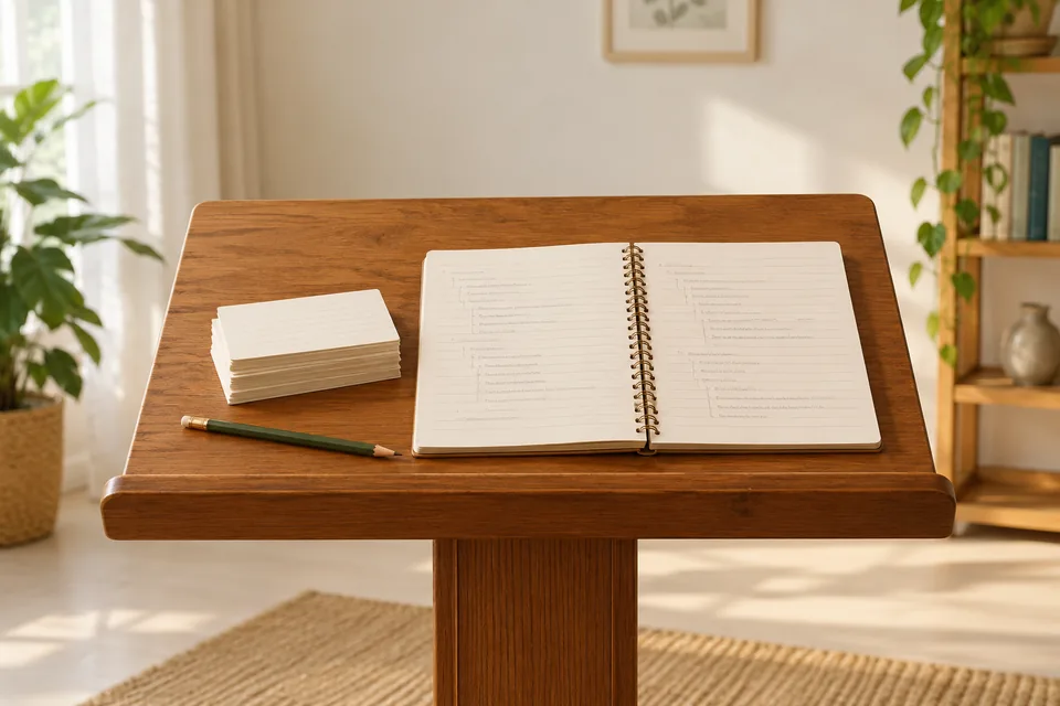 Speech notes and cue cards arranged beside a notebook.