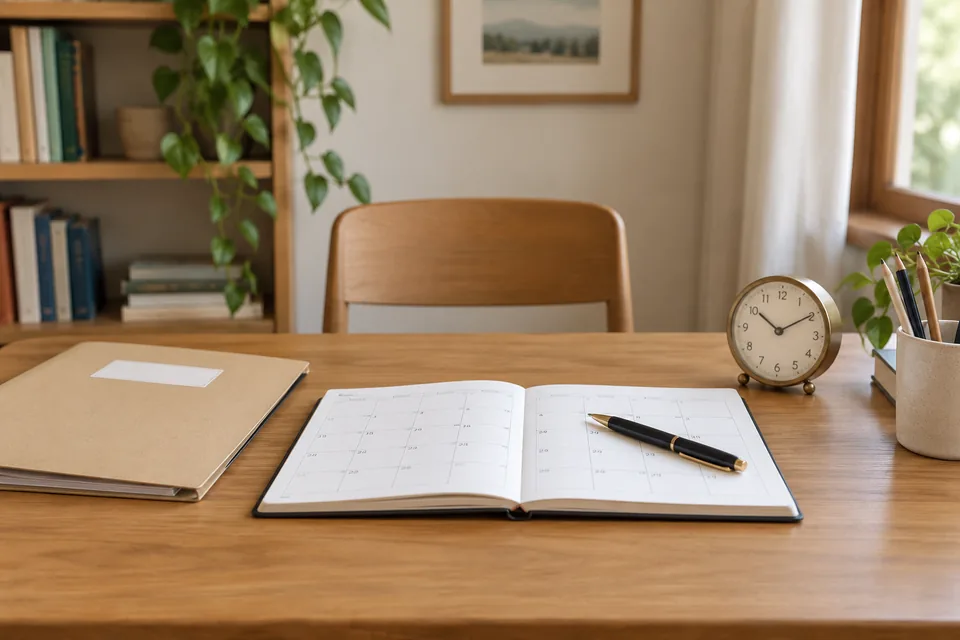 Lesson planning materials with a calendar, clock and folder on a desk.