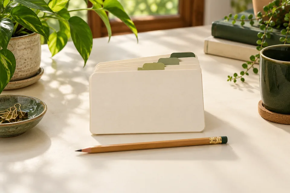 Blank vocabulary cards with index tabs and a pencil on a desk.