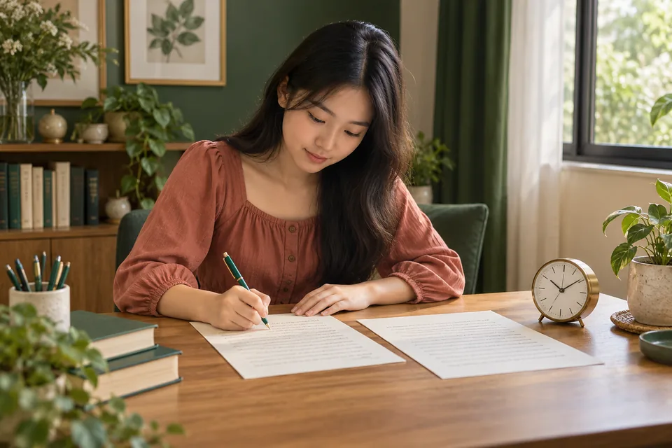 Student practising written English beside a clock.
